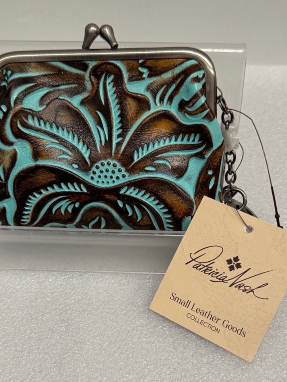 Patricia Nash Turquoise and Brown Tooled Leather Kiss-Lock Wallet